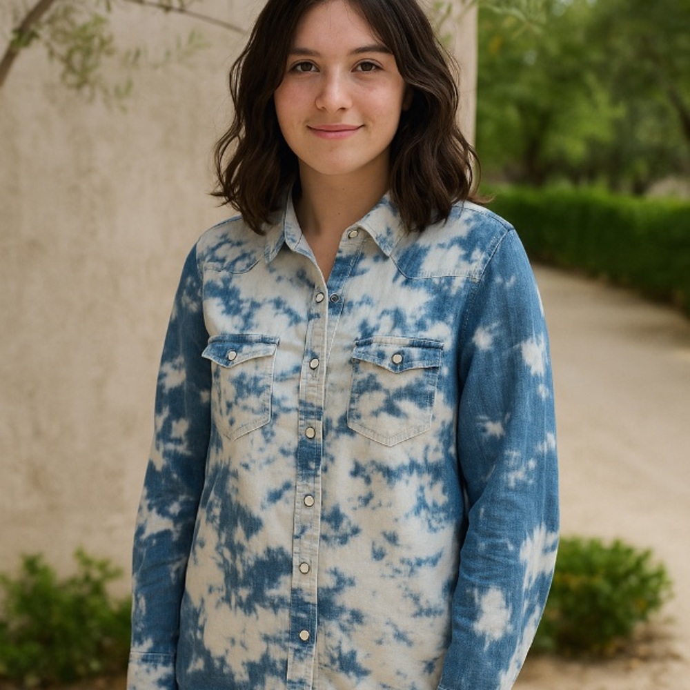 American Eagle Outfitters Blue and White Denim Shirt